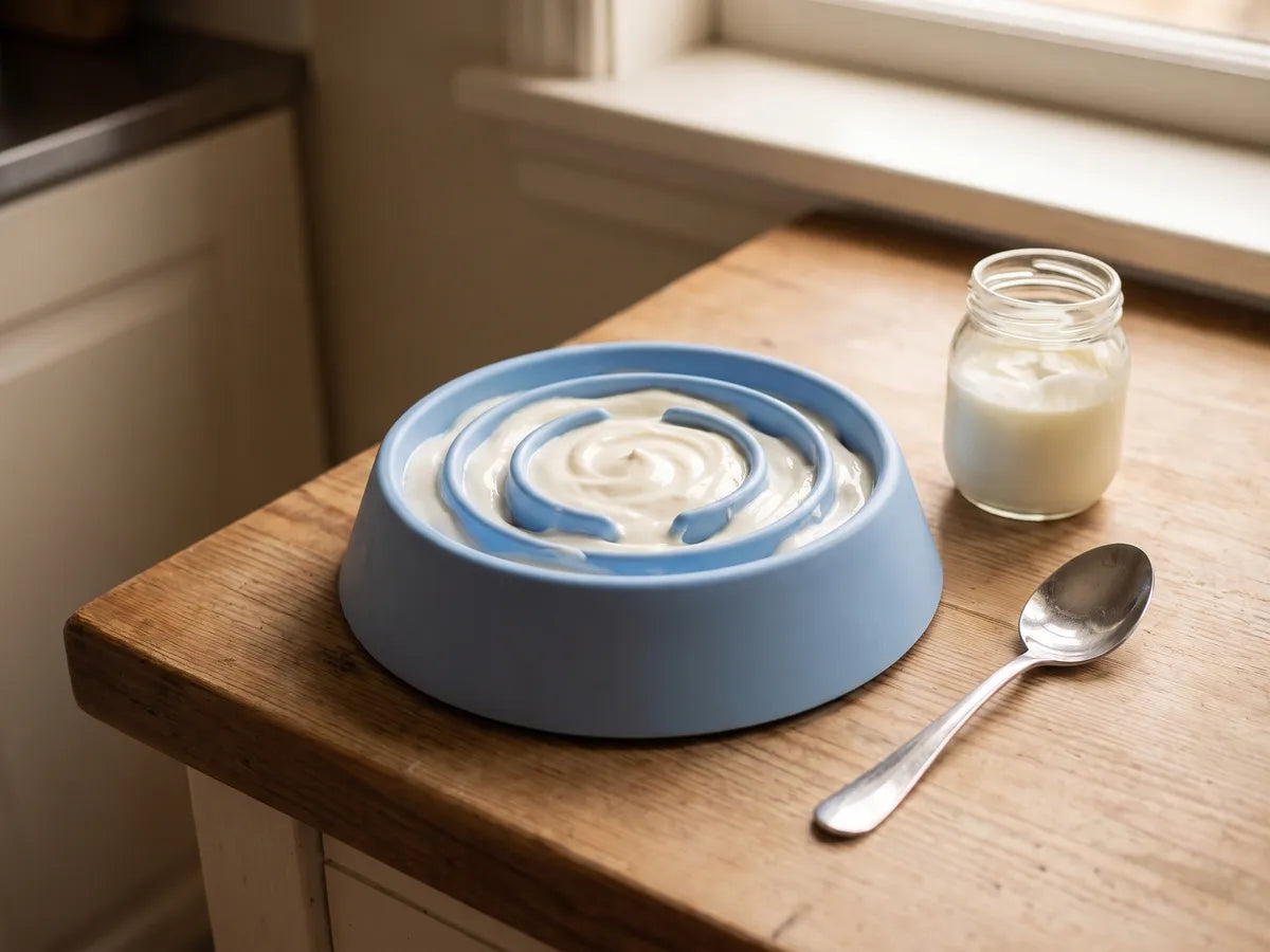 A slow feeder bowl on a kitchen counter filled with plain yogurt worked into its maze channels