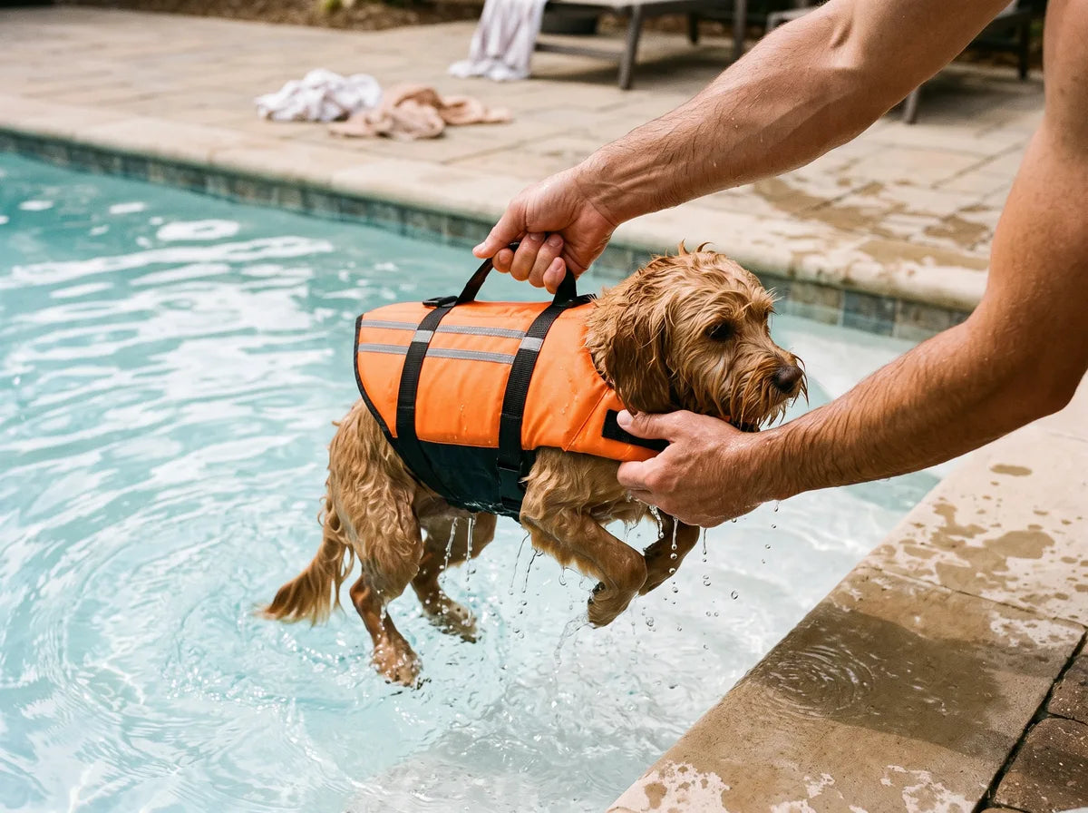 A wet dog being lifted out of a swimming pool by the handle on its orange life jacket