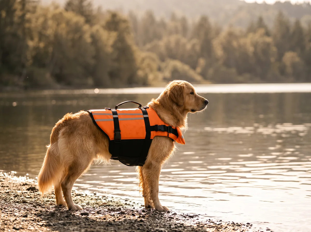 A golden retriever in an orange life jacket standing at the edge of a calm lake