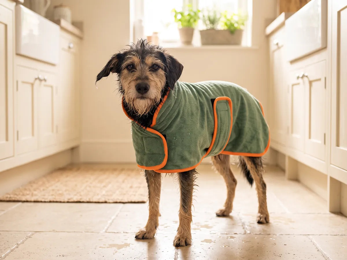 A wet terrier wearing a green towelling drying robe with orange trim, standing on a kitchen floor after a bath