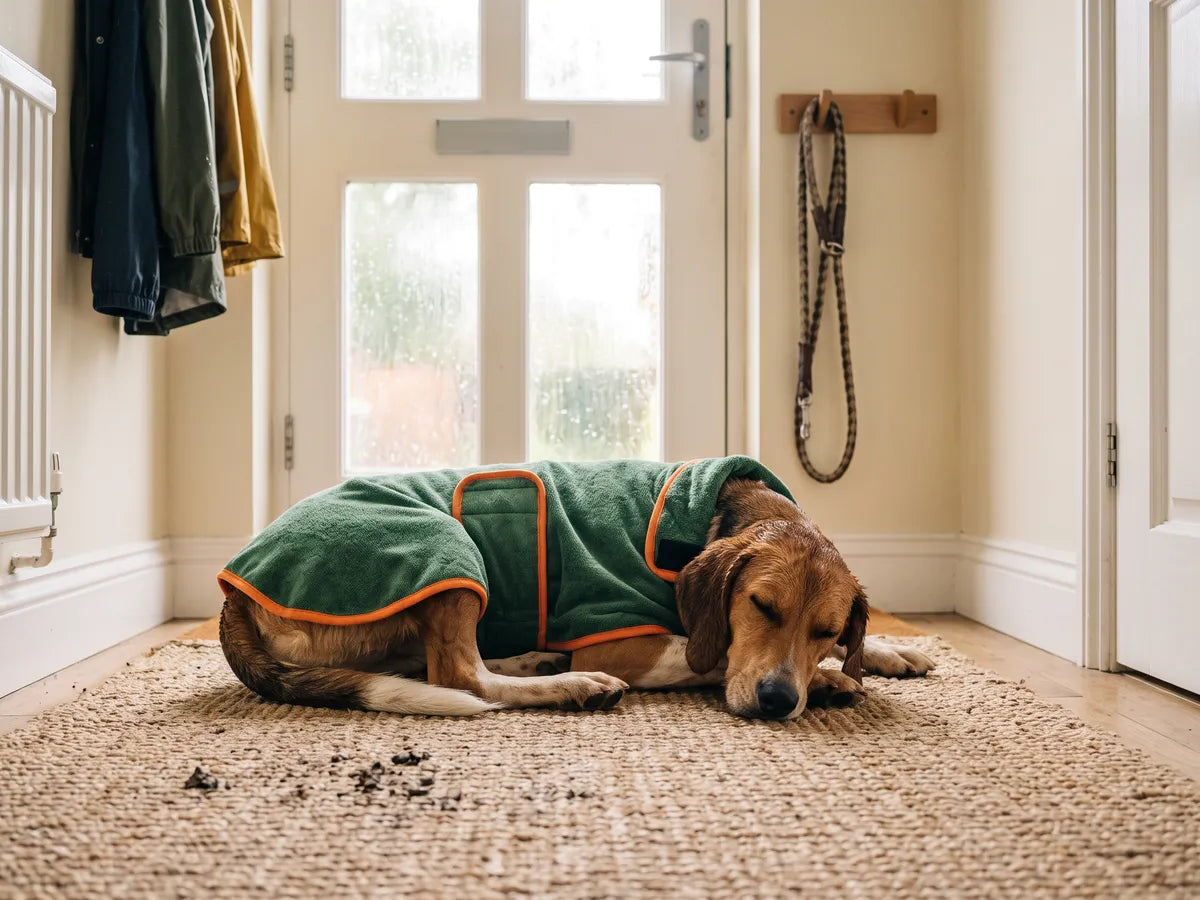 A damp dog in a green drying robe curled up on a rug by a front door after a rainy walk