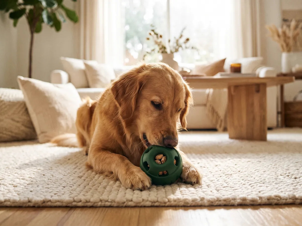 A dog lying on a rug holding a treat ball between its front paws, nose working at the opening