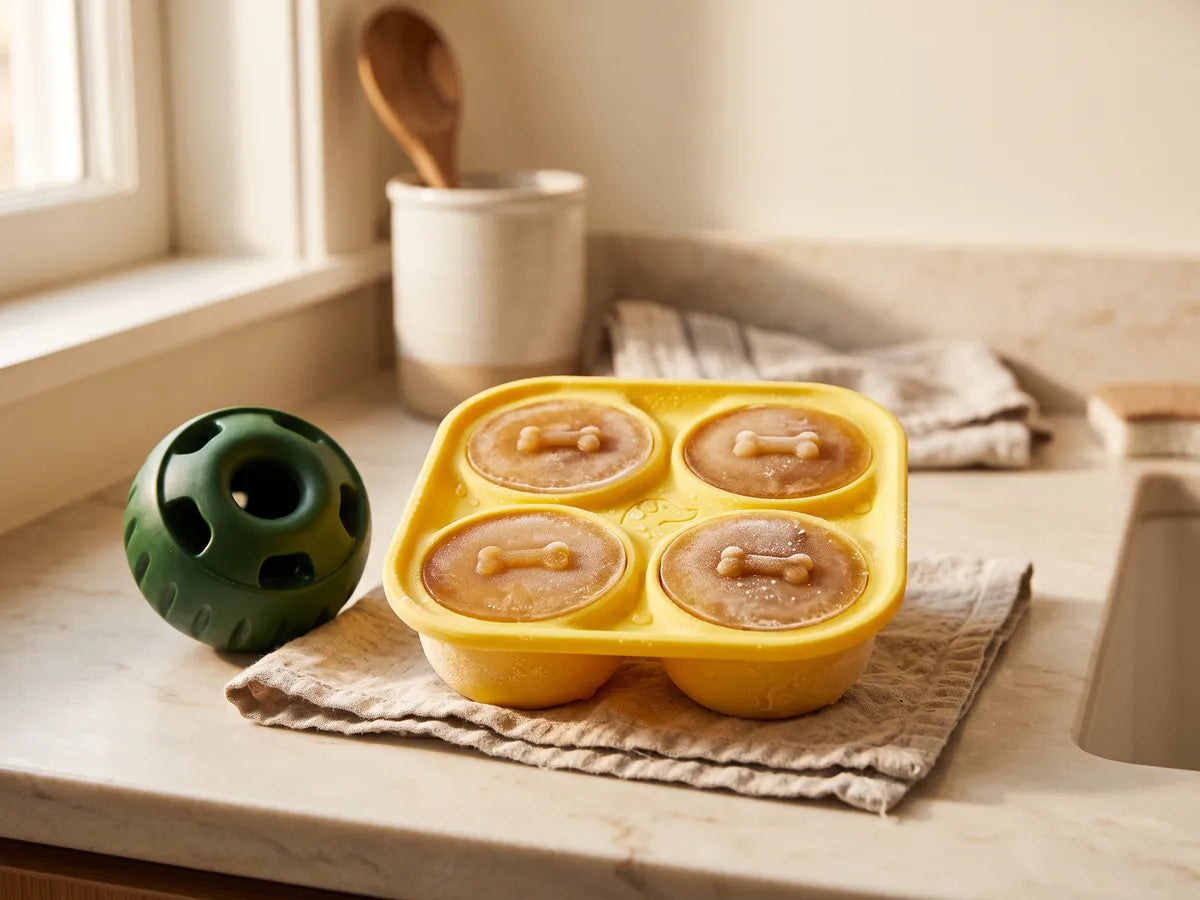 A silicone treat tray out of the freezer with four set frozen treat pops, beside the treat ball